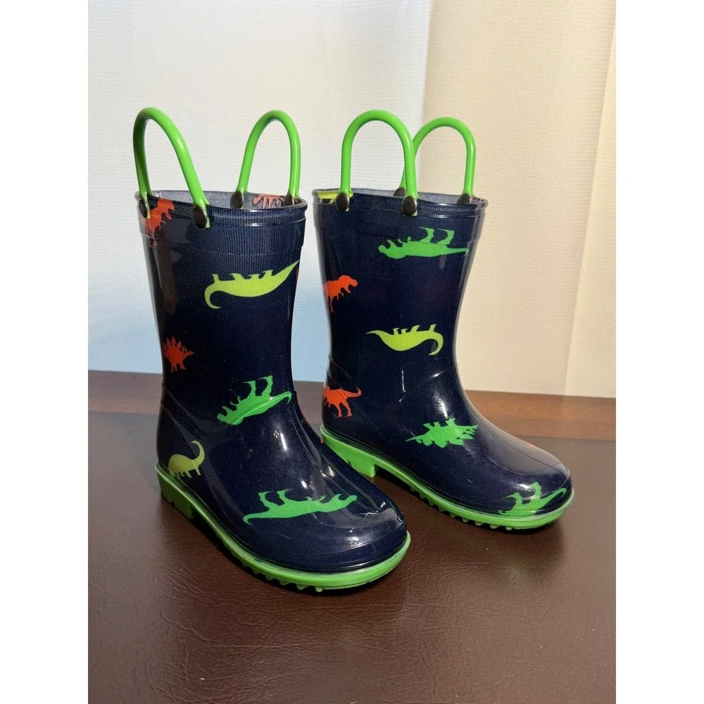Kids Navy Blue Dinosaur Print Waterproof Rain Boots Pull On Green Handles 6-7